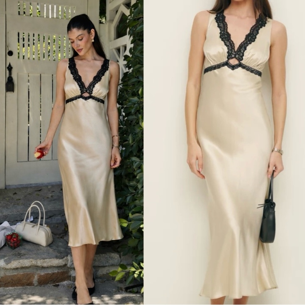 Reformation Champagne Satin Slip Dress with Black Lace Trim
